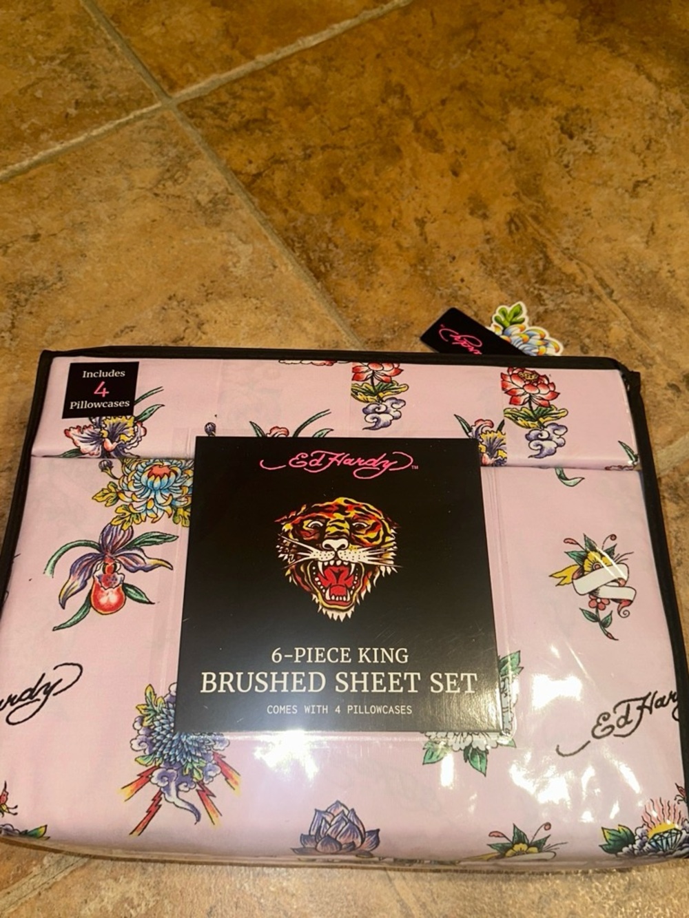 Ed Hardy Pink Floral Tiger King Brushed Sheet Set